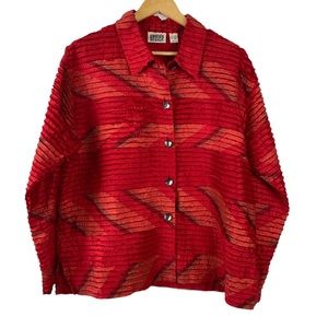 CHICO'S DESIGN 2 Shirt Top Women's XL Red Textured Holiday Long Sleeve ButtonUp